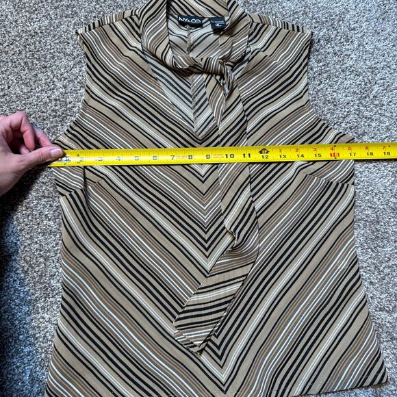 Vintage NY & Co Women Blouse Small Black Tan White Stripe sleeveless Sheer Bow - Picture 5 of 6